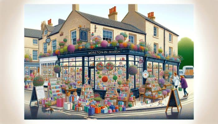 Local florist and café in Moreton-in-Marsh collaborate, showcasing colourful gift packages and event banners, with satisfied customers.