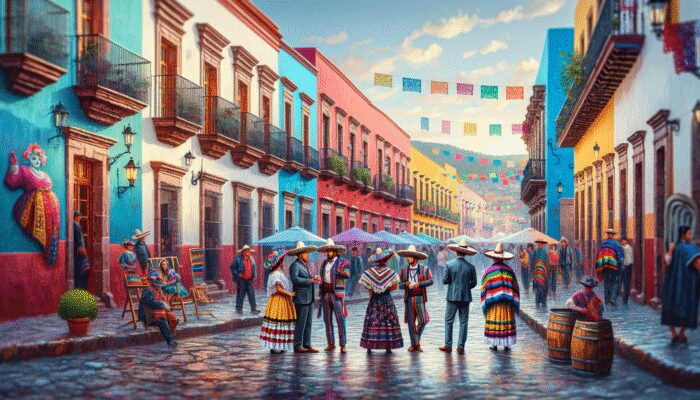 A vibrant street scene in San Miguel de Allende with colorful colonial architecture and locals in traditional attire.