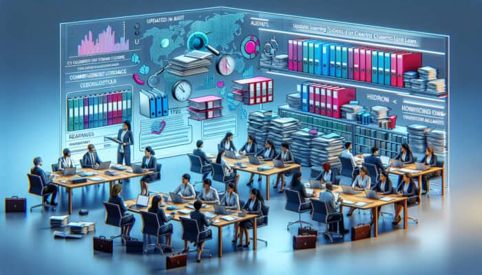 A detailed audit and compliance training session on UK clearance laws in a modern office, with updated documents and interactive tools.