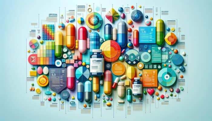 Dynamic infographic with insights on crafting supplement-centric content, showcasing vitamins and capsules.