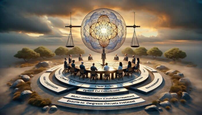 Infographic depicting experts collaborating with clear roles, mutual respect, and open communication.