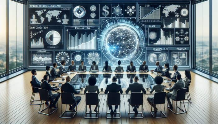 How Fintech Is Changing Debt Consolidation: UK Trends | DCL A futuristic conference room with experts discussing debt consolidation trends, holographic charts, and a timeline on a large screen.