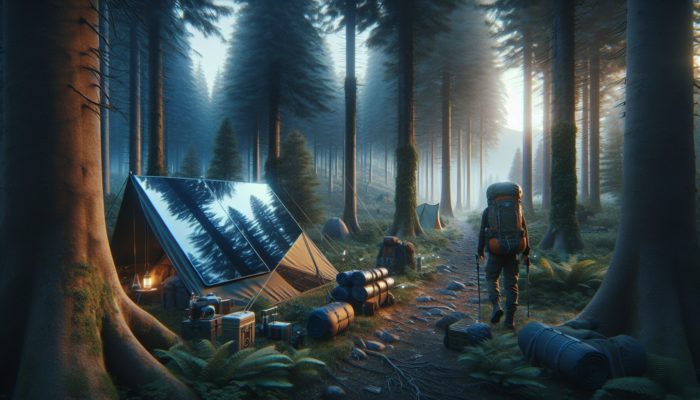 A rugged explorer examines a high-tech survival tent in a dense forest at dusk.