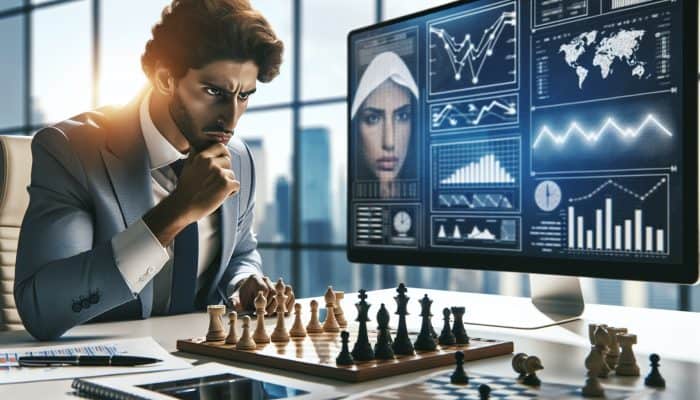 A businessperson setting negotiation goals on a whiteboard in a modern office.