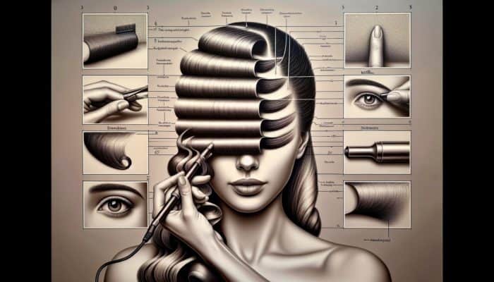 Woman styling hair in three sections with T3 curling iron, creating defined barrel waves.