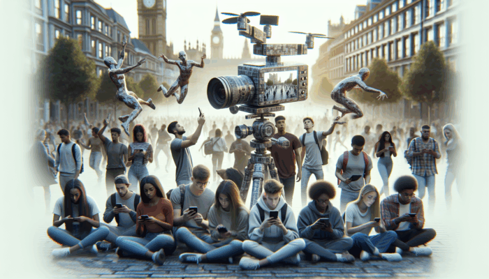 Modern Beaminster street scene with bloggers filming vlogs, young viewers engaged on smartphones and tablets.