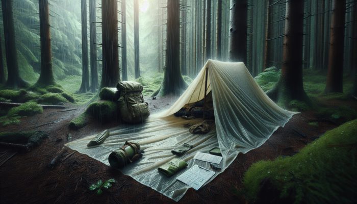 A survival poncho used as a shelter between trees and as a dry ground cover in a forest.