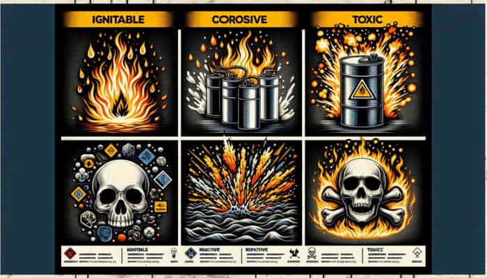 Infographic illustrating categories of hazardous waste: ignitable, corrosive, reactive, and toxic, complete with symbols and examples.