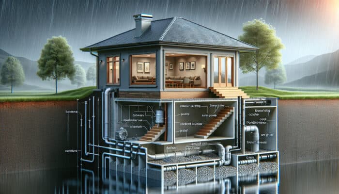 Cross-section of a house basement showing interior drainage pipes, exterior trenches, a sump pump, and French drains in rainy conditions.