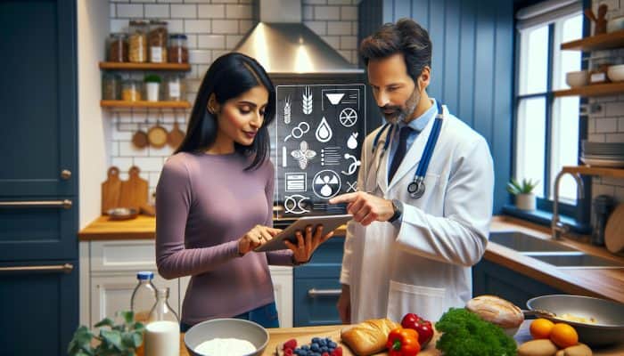 Woman in a modern UK kitchen reviews food sensitivity results on a tablet with a doctor pointing to dairy and gluten charts, surrounded by fresh alternatives.