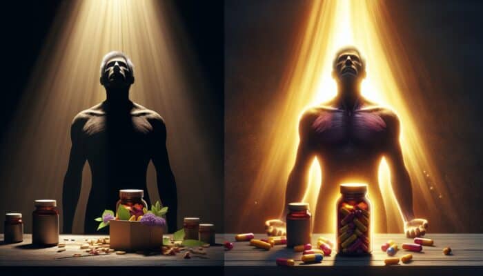 A weary individual in a dimly lit room stumbles upon a vibrant supplement bottle, transforming into an energetic, joyful figure bathed in warm golden light.