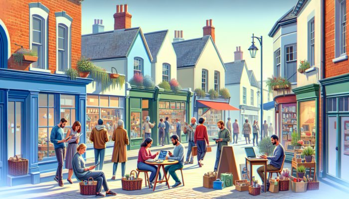 Small business owners in Verwood engaging with social media on devices outside charming shops, attracting a diverse array of customers beneath a sunny sky.