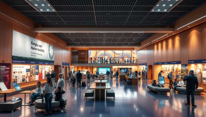 A spacious museum interior with clear signage, vibrant exhibits, open social areas, seating nooks, and adaptable walls in warm lighting.