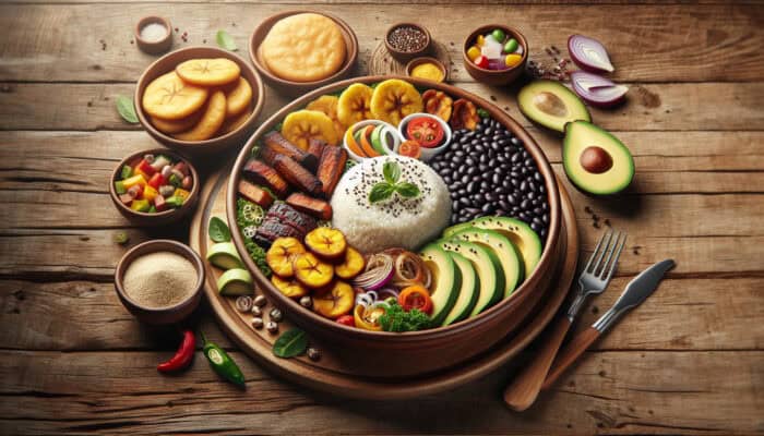 A vibrant plate of enhanced Bandeja Paisa with quinoa, black beans, grilled meats, plantains, avocado, and arepas on a rustic table.