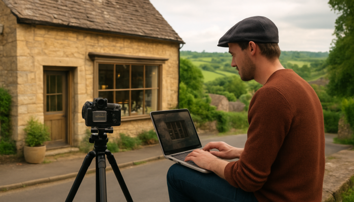 Entrepreneur filming Painswick Cotswolds shop window, editing on laptop for local small businesses.