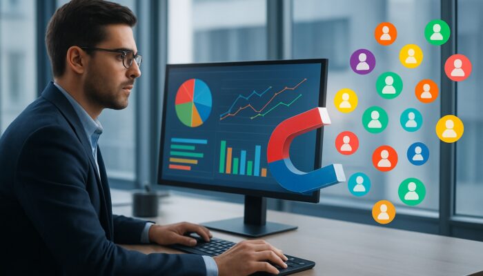 An analyst examining data dashboards as colourful user icons are magnetically attracted, symbolising the evolution of lead magnets.