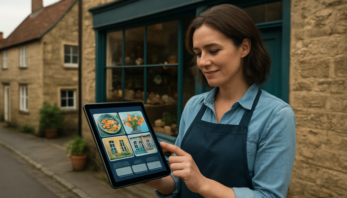 Local SEO in Ilchester shop owner updating Google My Business on tablet, showing vibrant photos and hours.
