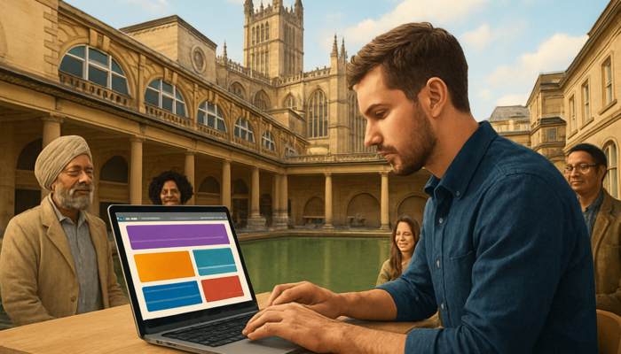 Designer in Bath, UK, crafting vibrant WordPress site amid Roman baths and diverse community figures.