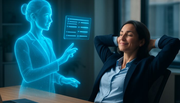 Holographic virtual assistant in blue light helps professional organize schedules on floating screen.
