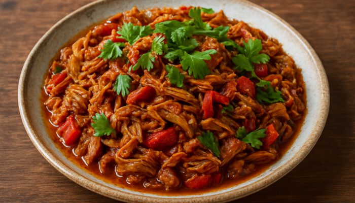 Vibrant vegetarian Cuban Ropa Vieja made with shredded jackfruit, spicy sauce, and fresh greens garnish.