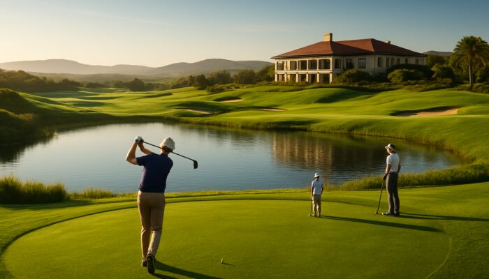 Lush Oubaai Golf Club course featuring pristine greens, picturesque hazards, players teeing off, and an impressive clubhouse.