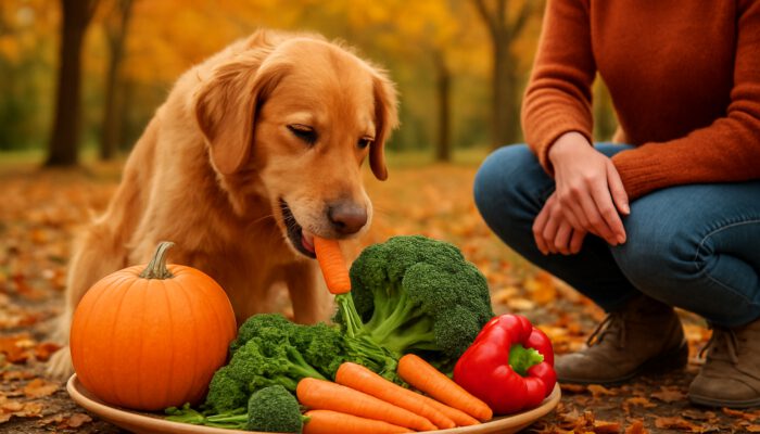 Joyful dog enjoying fresh seasonal vegetables in an autumn park with their owner.