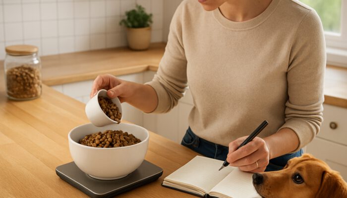 Pet owner measuring dog food with cups and scale in a sunny kitchen, while the dog watches eagerly.