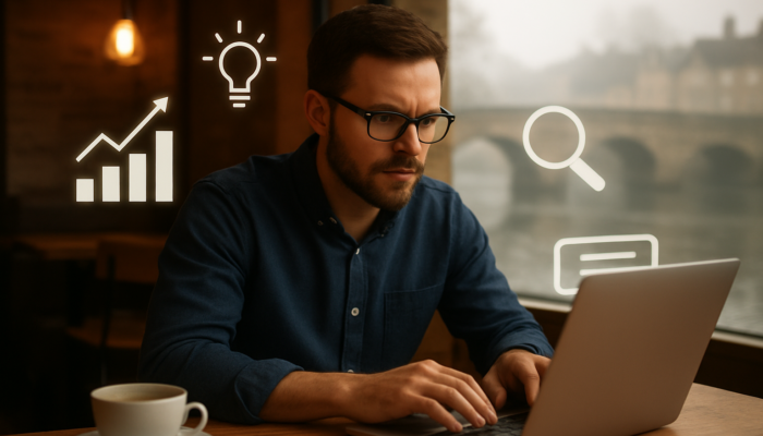 Small business owner in Bridgwater optimising laptop with SEO icons at café, historic bridge backdrop.