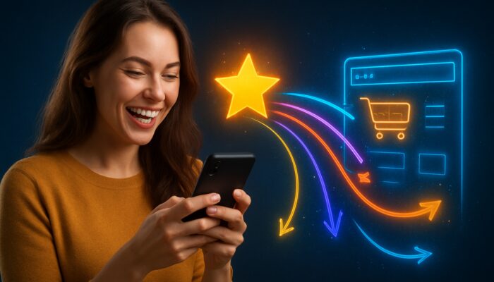 Happy customer using smartphone to post a review, with vibrant links to a bustling e-commerce site symbolising SEO growth.