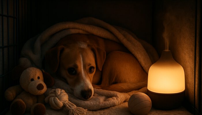 Anxious dog curled in cozy crate with blankets, toys, and soothing night lamp.