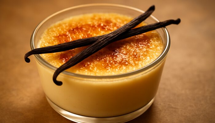 Creamy vanilla bean custard in a glass bowl, garnished with fresh vanilla pods and a golden caramelised top.