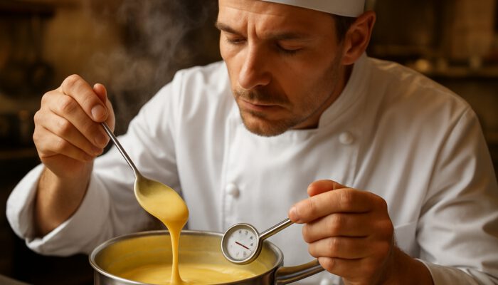 Chef stirring golden custard in saucepan, monitoring a thermometer reading of 82°C as steam rises.