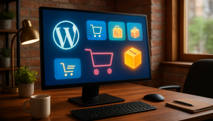Dynamic WordPress dashboard in Bridport office displaying WooCommerce e-commerce icons and shopping carts.