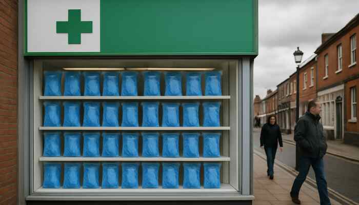 Sterile blue medical gloves displayed in the window of a pharmacy in Burton upon Trent.