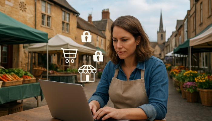 Small business owner in Newent configuring WooCommerce dashboard on laptop among market stalls and e-commerce icons.