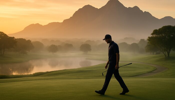 Focused golfer walking misty dawn course in Sun City, surrounded by mountains and lakes.