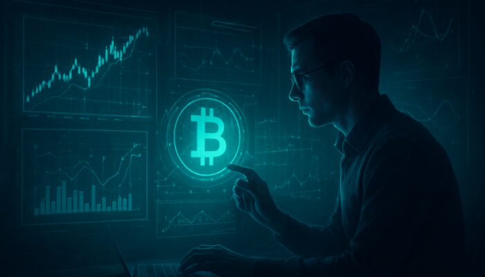 Focused trader analysing holographic crypto charts and simulations in a dimly lit lair.