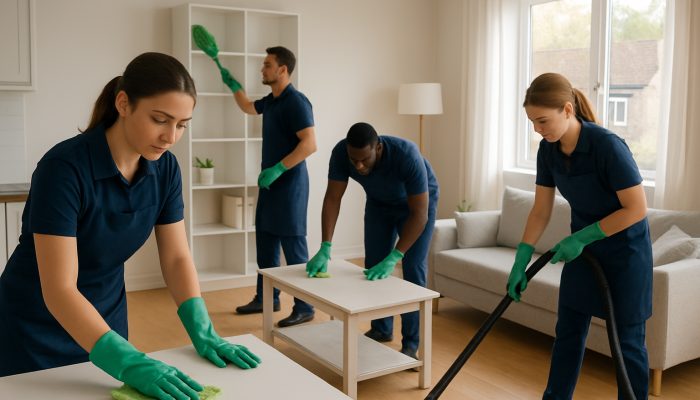Qualified cleaners in uniforms tidying a sunlit UK apartment with eco-friendly cleaning tools.