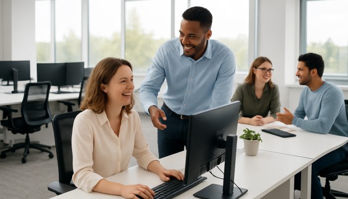 A modern Ilchester office featuring immaculate desks, ergonomic workstations, and happy employees collaborating.