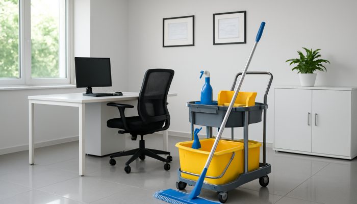 A clean Ilchester office displaying gleaming surfaces and framed certificates from the British Institute of Cleaning Science.