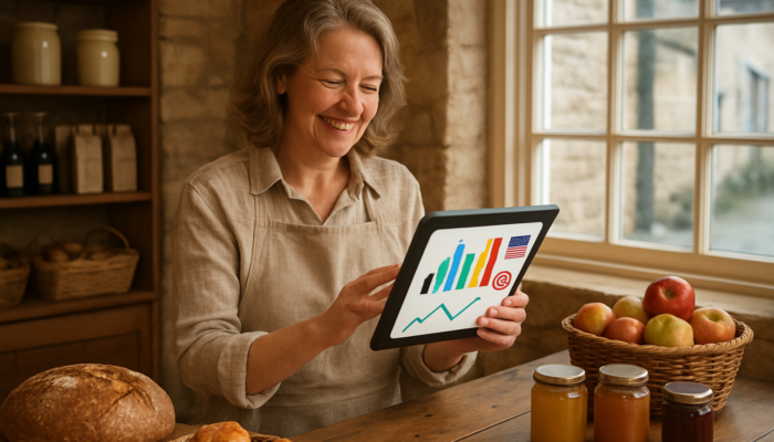 Smiling Painswick shop owner views tablet displaying Facebook and Instagram analytics alongside rising e-commerce graphs.
