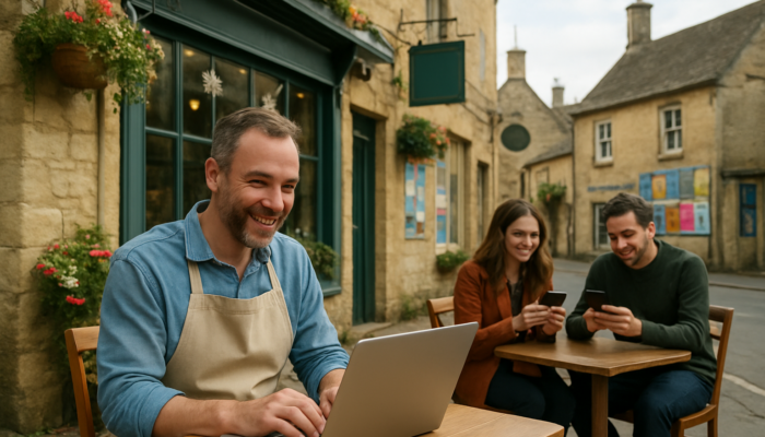 Cheerful café owner in Painswick types emails on a laptop while customers smile at smartphones amid colourful shop signs.