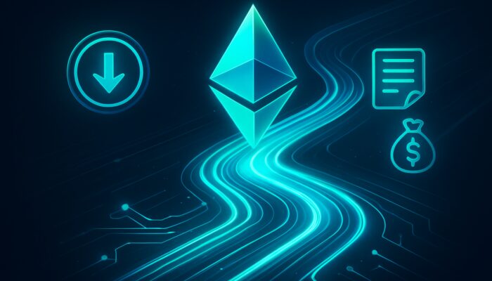 Visual representation of decreasing Ethereum gas fees through optimised glowing blockchain pathways