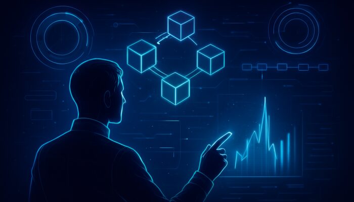 Futuristic analyst reviewing holographic blockchain charts for gas fee spikes amid neon timelines