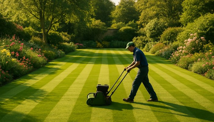 Gardener meticulously mowing a perfectly striped lush lawn in a tranquil Yeovil garden adorned with colourful flowers.