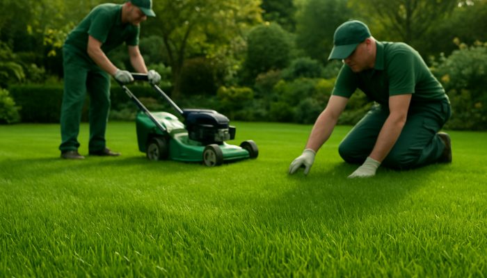 Professional gardeners tending to a lush emerald lawn in Yeovil under gentle UK sunlight