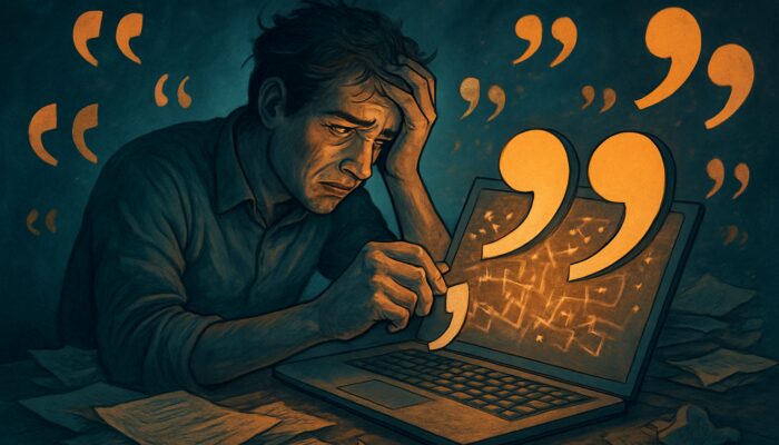 Stressed writer cramming oversized quotes into overflowing laptop amid glowing algorithms