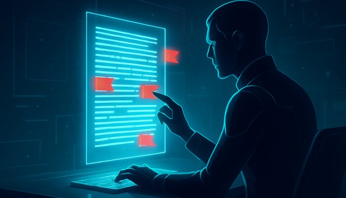 Futuristic writer scanning glowing manuscript with holographic AI flagging excessive quotes in red.