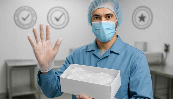 Harrow supplier showcasing certified polythene gloves with UK compliance seals in a sterile hospital setting