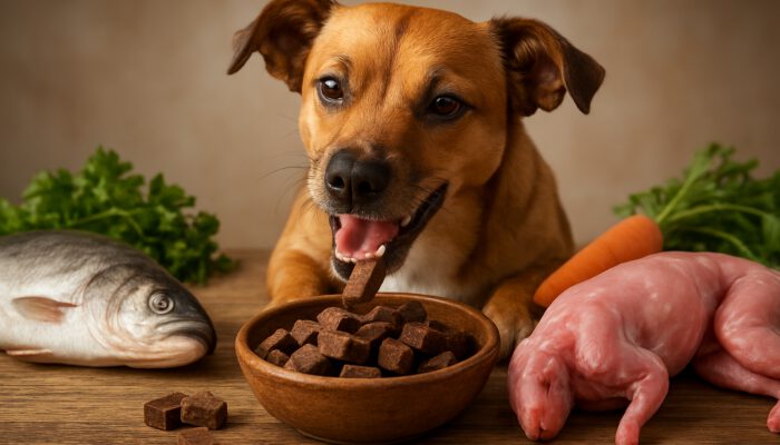 Joyful dog enjoying hypoallergenic duck and venison treats alongside fish and rabbit on a rustic table